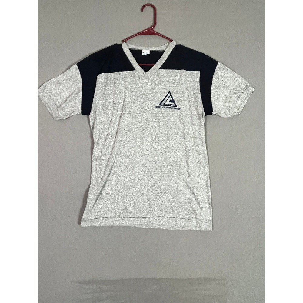 Vintage Champion T-Shirt Large Cotton Blend Gray Navy Summer Camp EUC